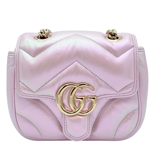 Gucci Pink Iridescent Leather Mini GG Marmont Crossbody
