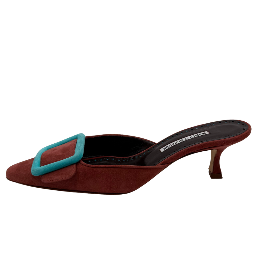 Manolo Blahnik Maroon Suede Kitten Heels, 38.5