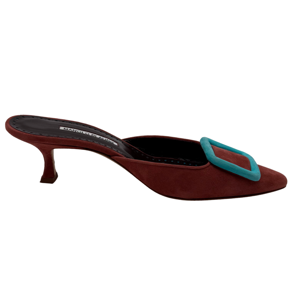 Manolo Blahnik Maroon Suede Kitten Heels, 38.5
