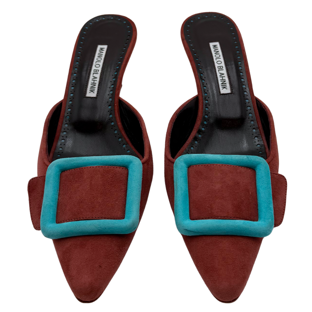Manolo Blahnik Maroon Suede Kitten Heels, 38.5
