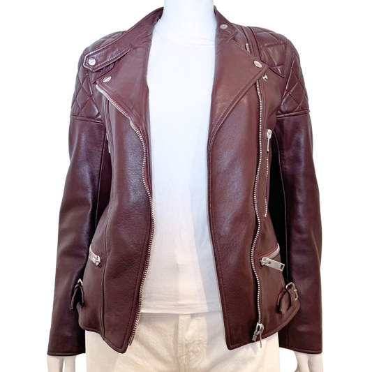 Celine Burgundy Quilted Leather Moto Jacket, 36 (2012-2018)