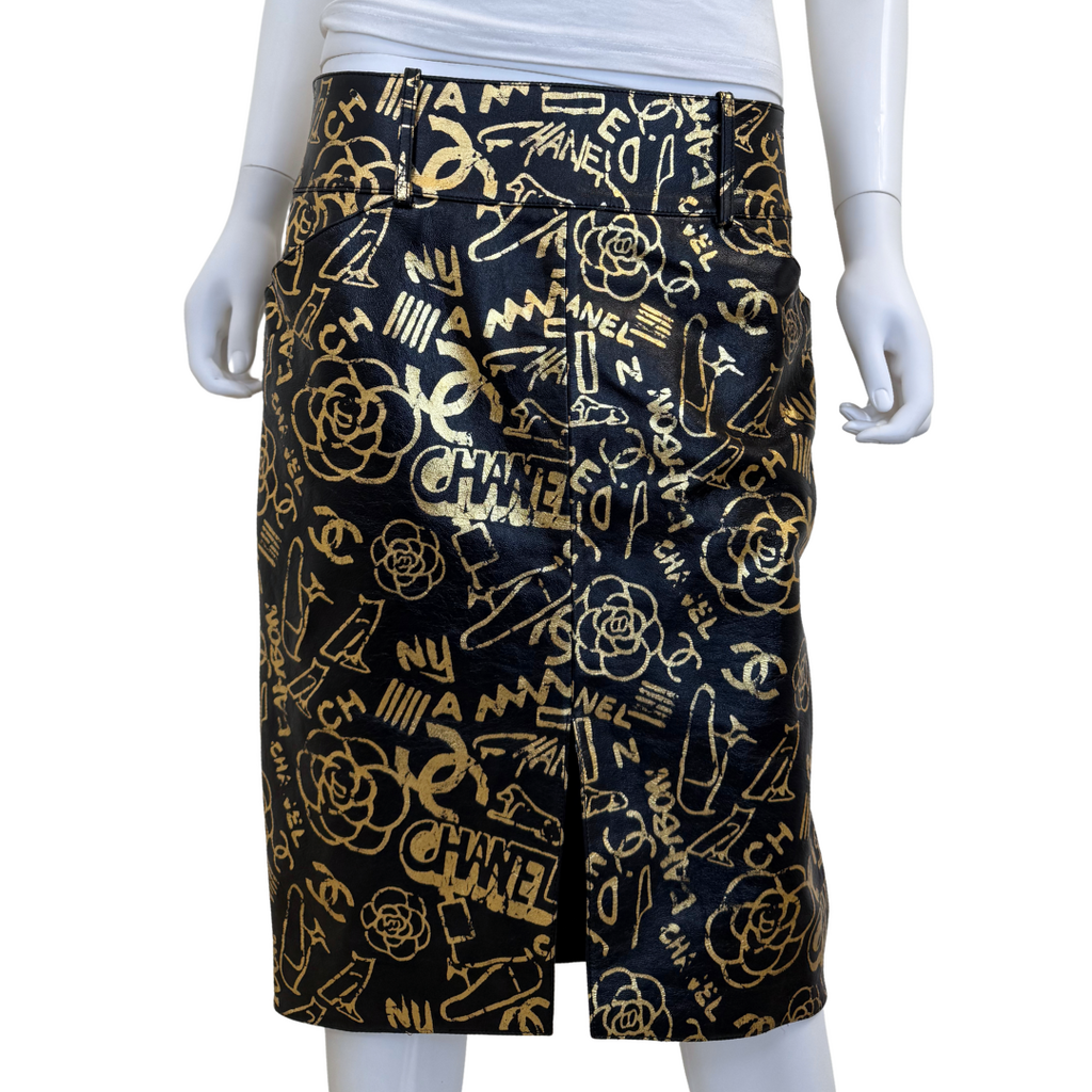 Chanel PreFall 2019 Black/Gold Egypt Collection Leather Skirt, 42