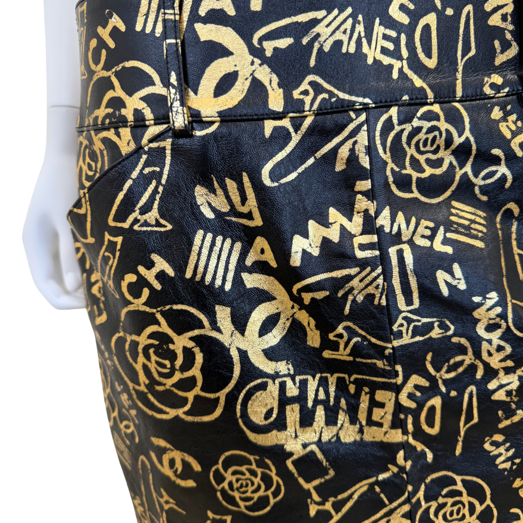 Chanel PreFall 2019 Black/Gold Egypt Collection Leather Skirt, 42