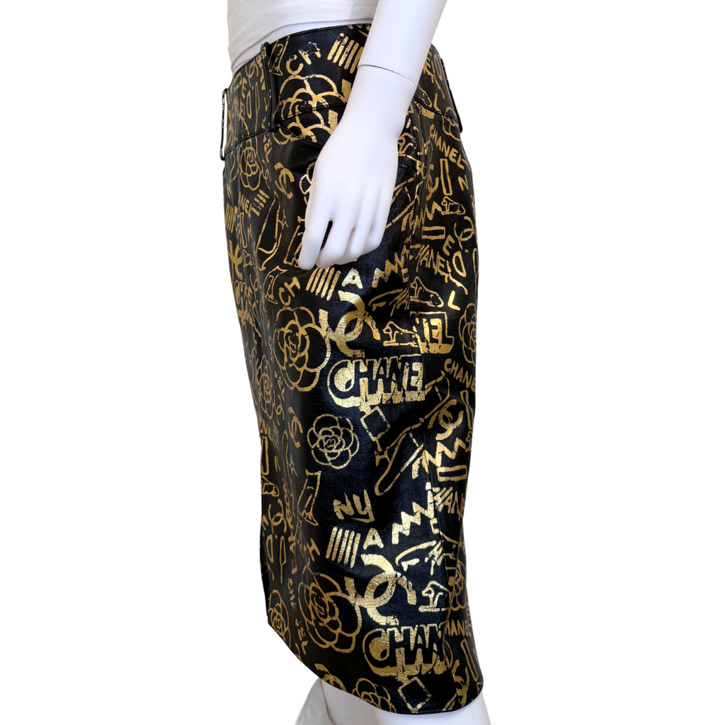 Chanel PreFall 2019 Black/Gold Egypt Collection Leather Skirt, 42