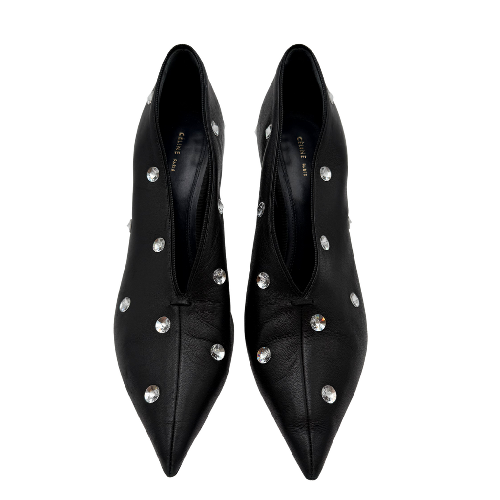 Celine Black Leather Crystal Embellished Heels, 39