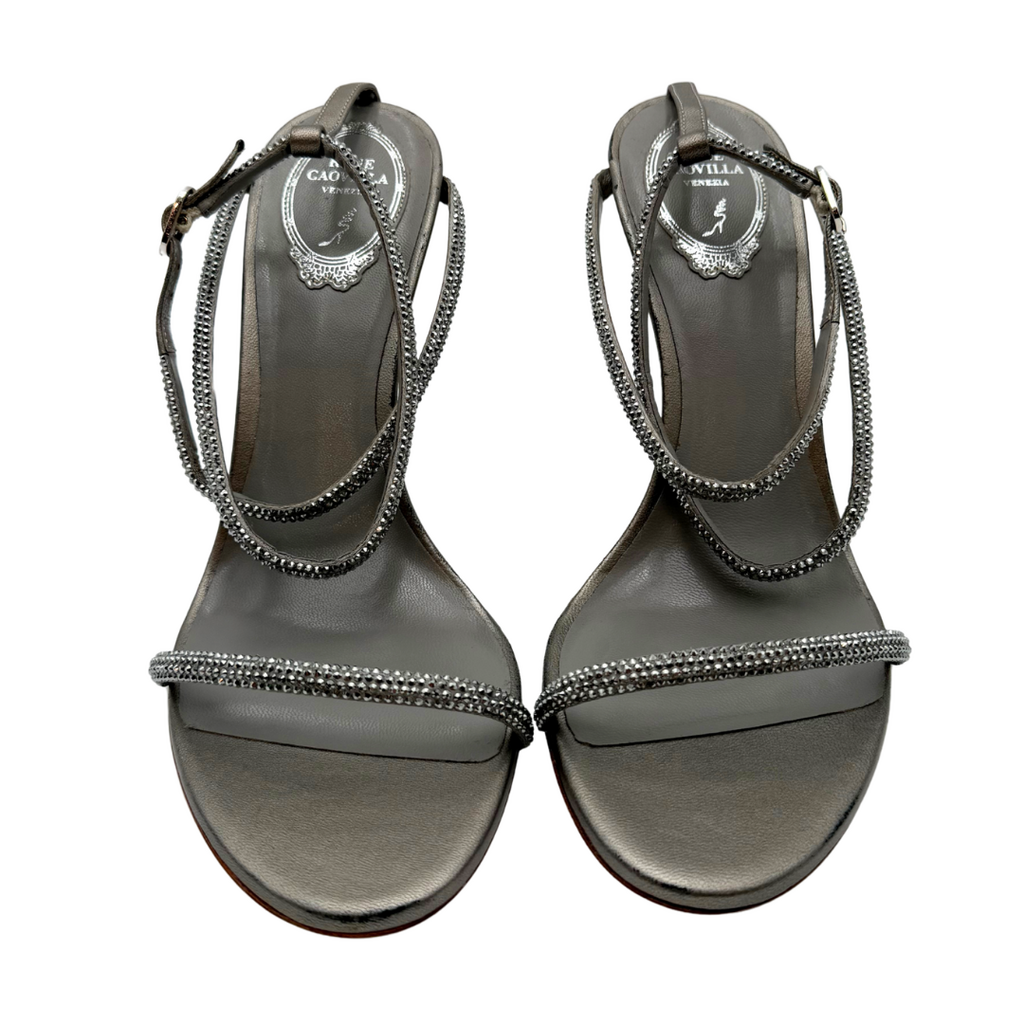 Rene Caovilla Grey Crystal Ankle Wrap Sandal, 40