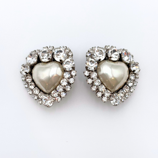 Alessandra Rich Pearl Crystal Heart Clip On Earrings