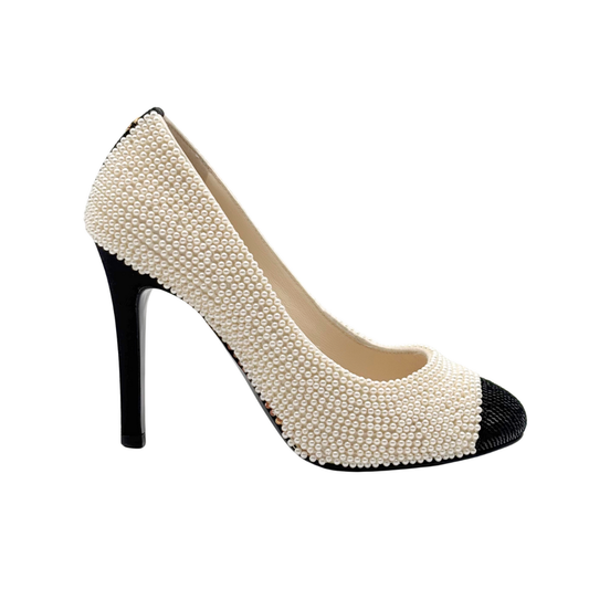 Chanel Pearl Black Toe Pumps, 35