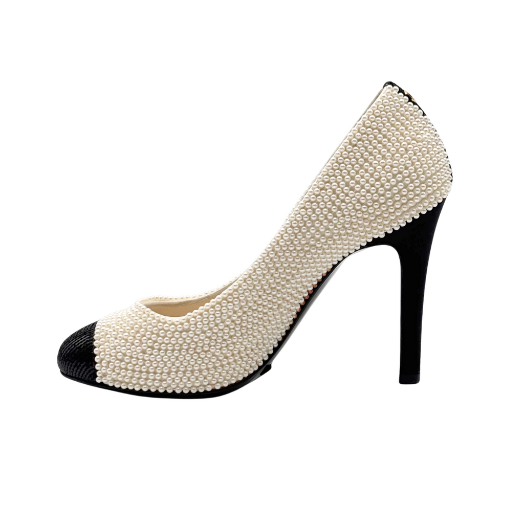 Chanel Pearl Black Toe Pumps, 35