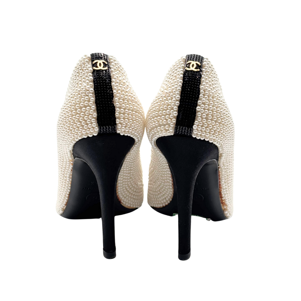 Chanel Pearl Black Toe Pumps, 35