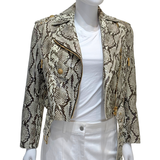 Balmain Snakeskin Belted Moto Jacket, 36