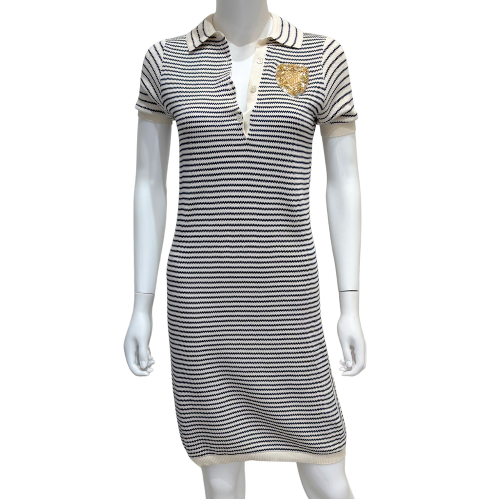 Christian Dior Cream & Navy Stripe Cotton & Silk Embellished Dress, 38