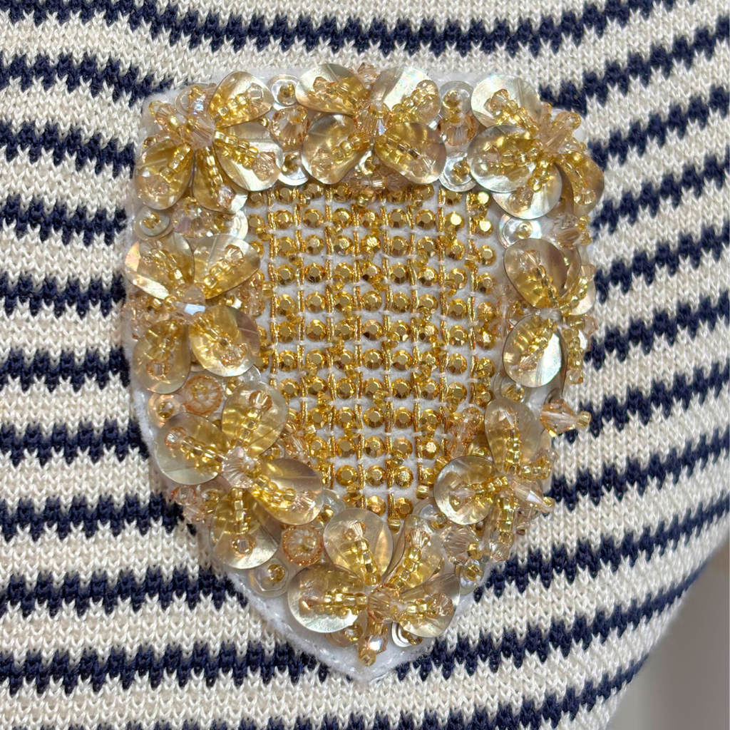 Christian Dior Cream & Navy Stripe Cotton & Silk Embellished Dress, 38