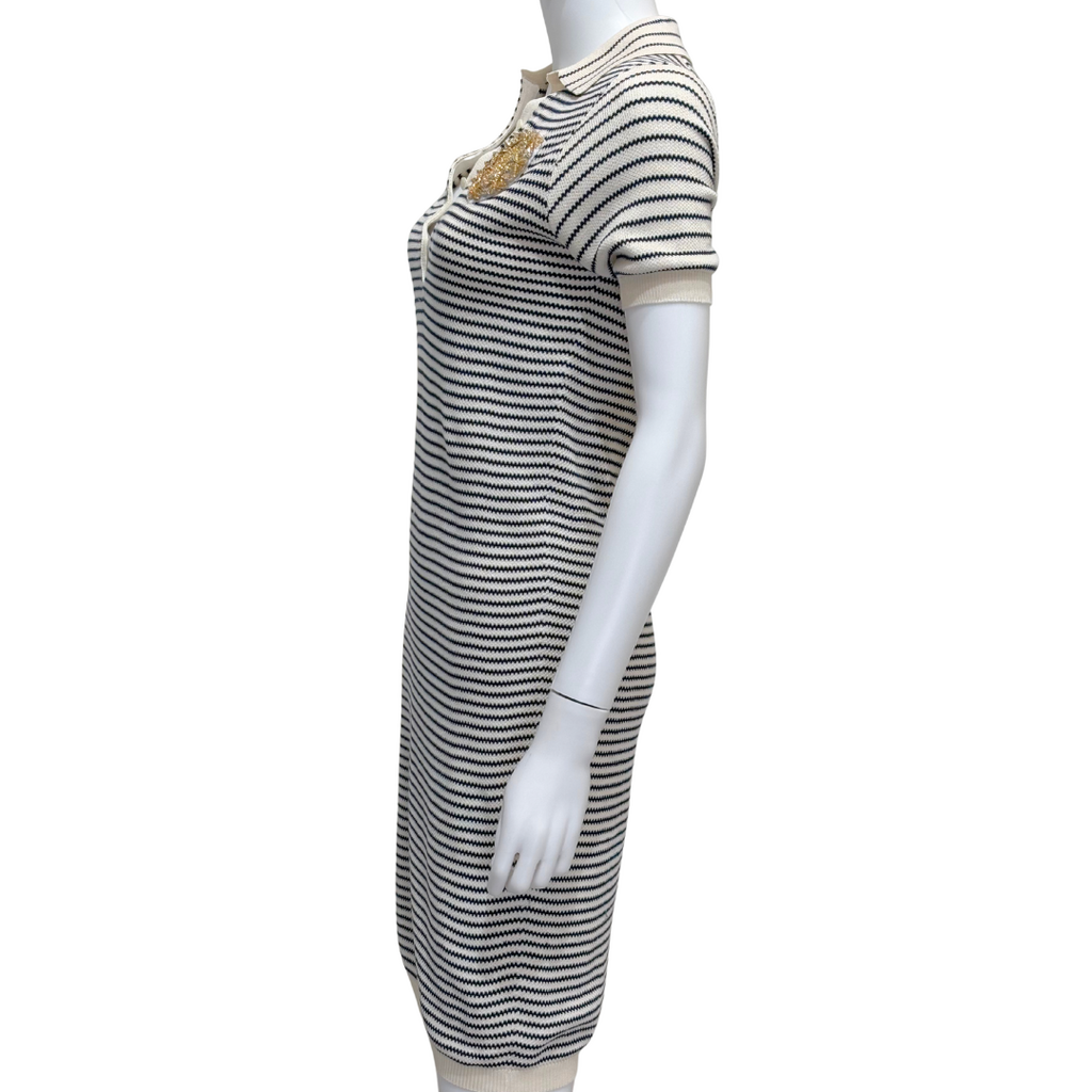 Christian Dior Cream & Navy Stripe Cotton & Silk Embellished Dress, 38