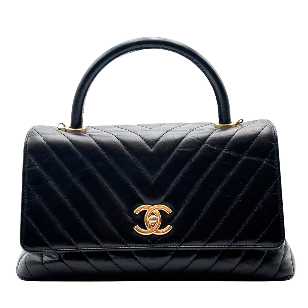 Chanel Black Glazed Calfskin Chevron Top Handle Bag