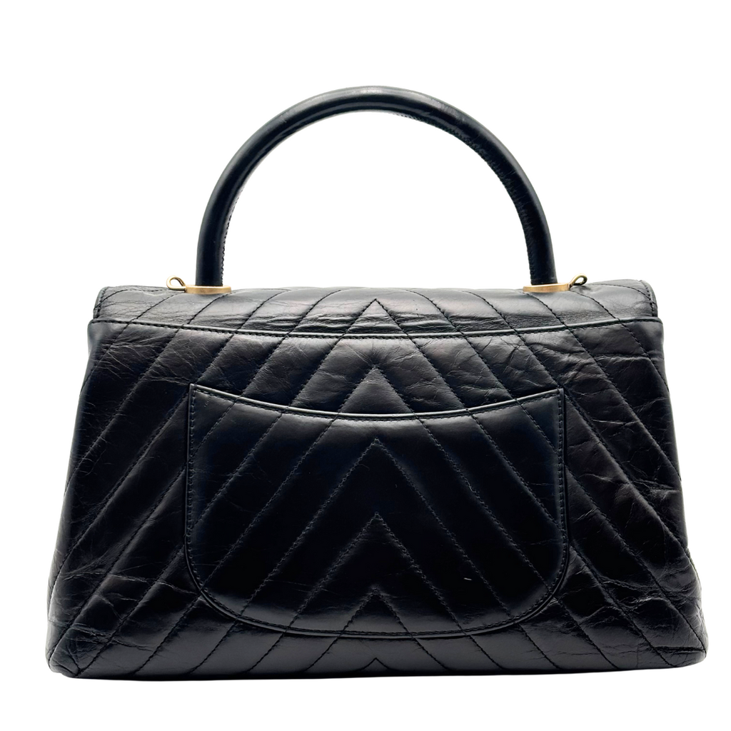 Chanel Black Glazed Calfskin Chevron Top Handle Bag