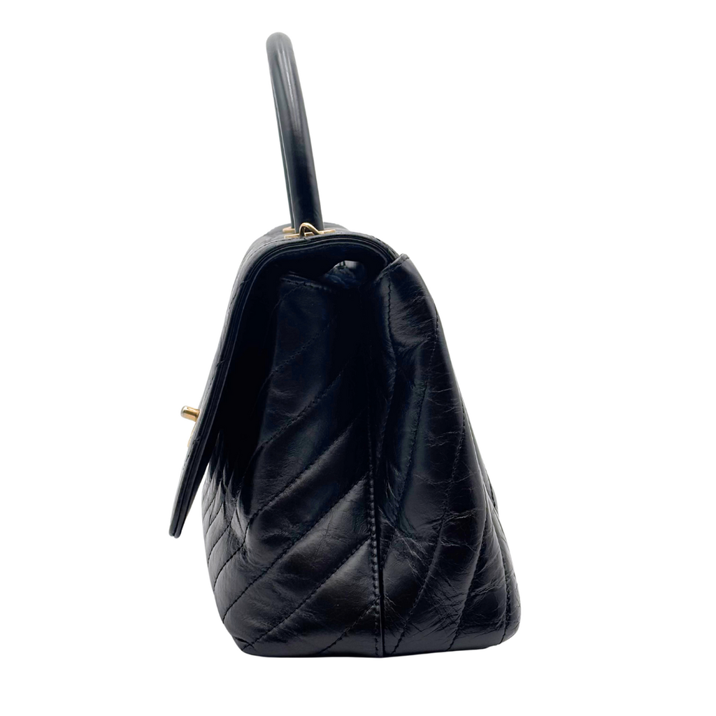 Chanel Black Glazed Calfskin Chevron Top Handle Bag