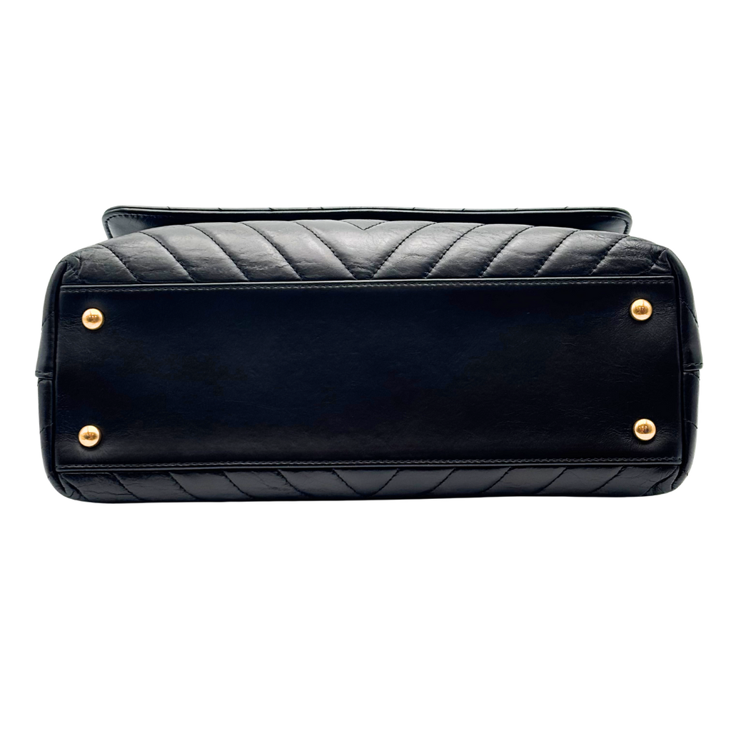 Chanel Black Glazed Calfskin Chevron Top Handle Bag