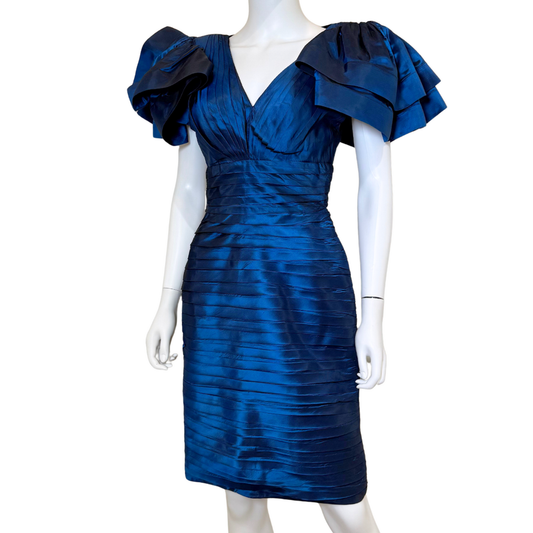 Jacqueline De Ribes Navy Pleated Silk Ruffle Sleeve Dress, 4 (1983-1986) (Vintage) (RARE)