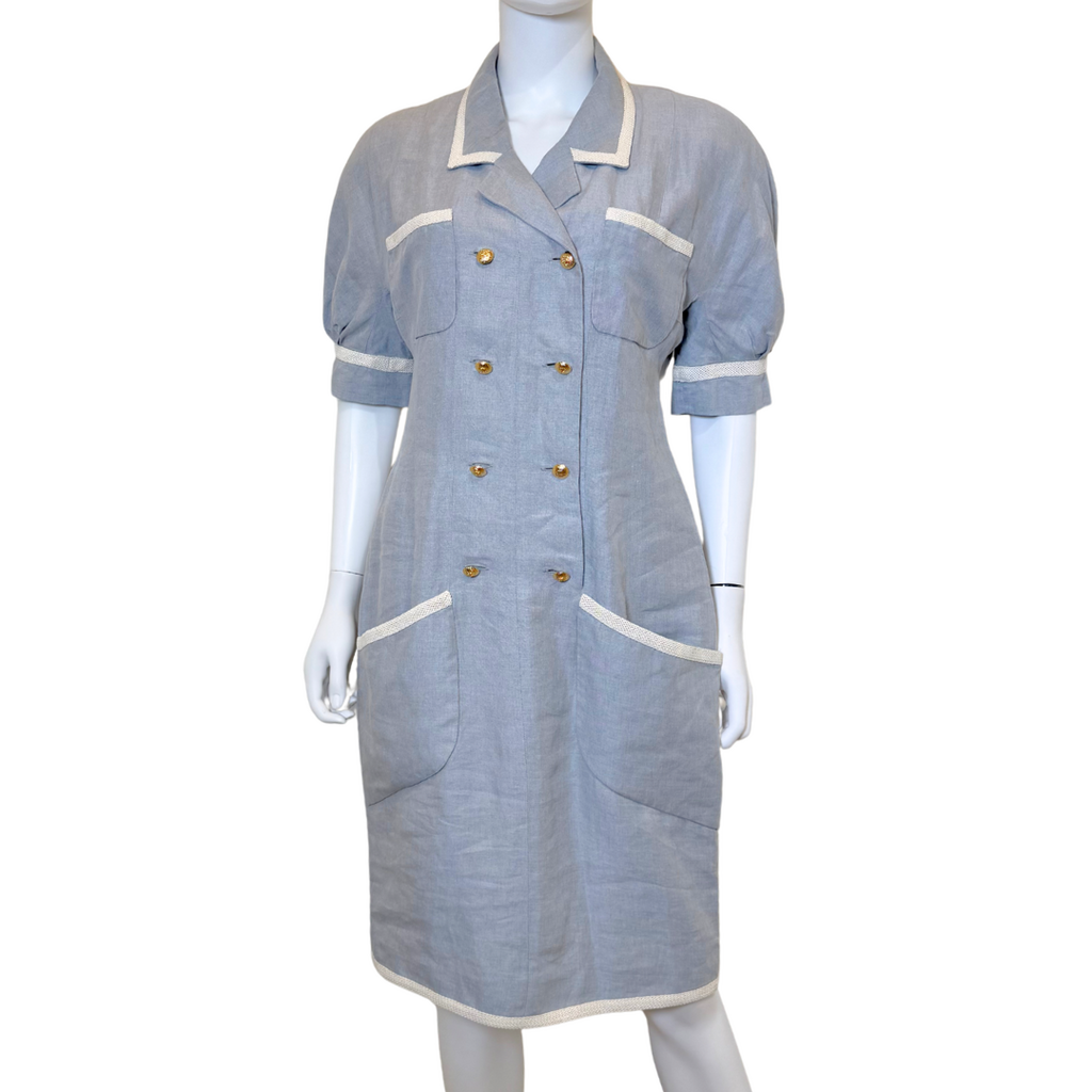 Chanel Boutique Gold Button Blue & White Dress, 42 (1980s) (Vintage) (RARE)