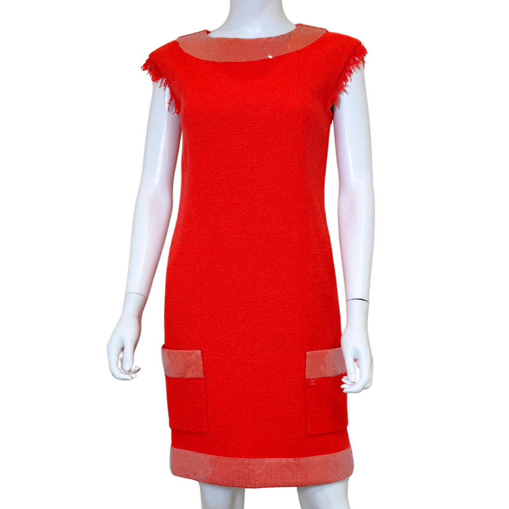 Chanel Orange Cotton Tweed & Sequin Fringe Dress, 38 (2008 Cruise)