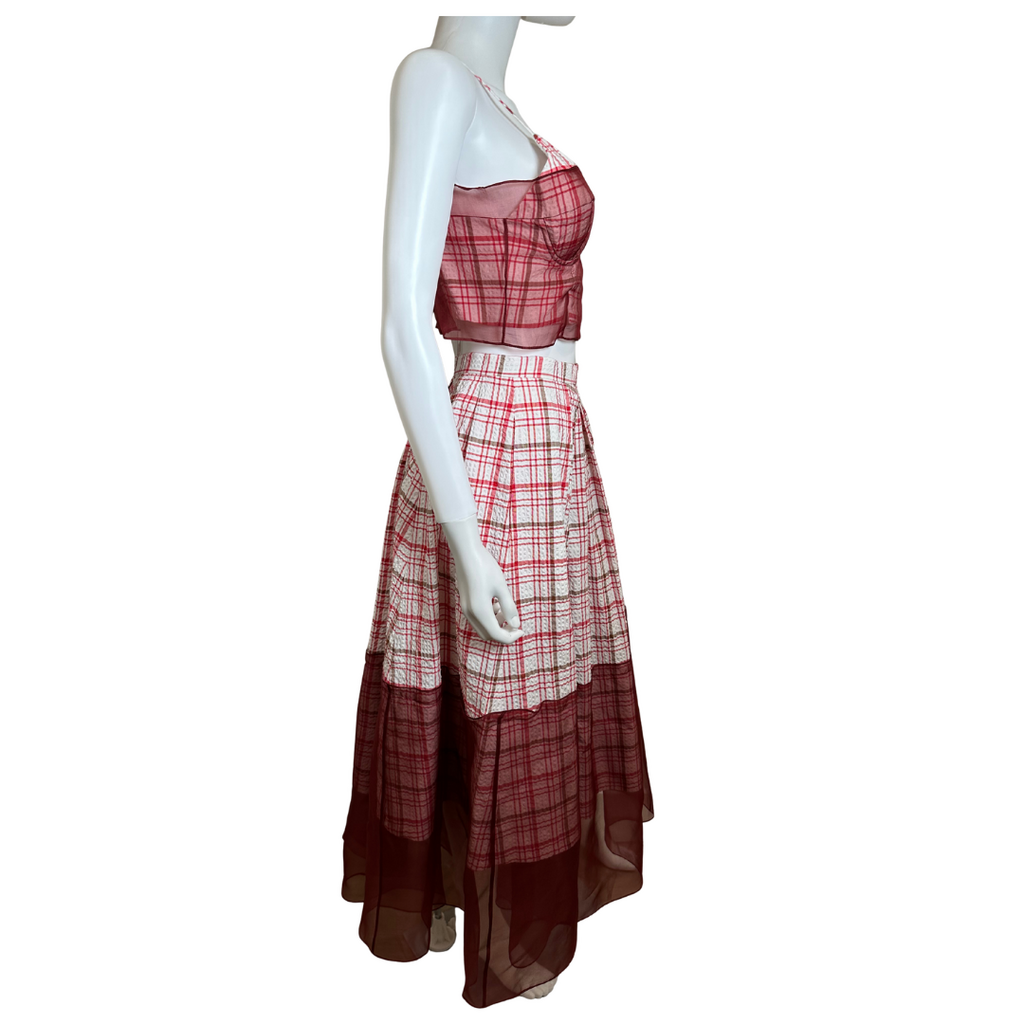 Cotton Poplin / Silk Organza Plaid Tank Top / Midi Skirt Set