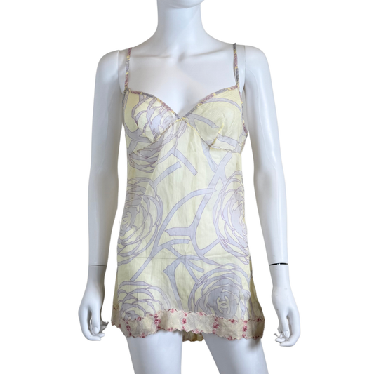 Chanel SPRING 2003 CAMELLIA CC SILK CHIFFON LACE TRIM CAMI, 40
