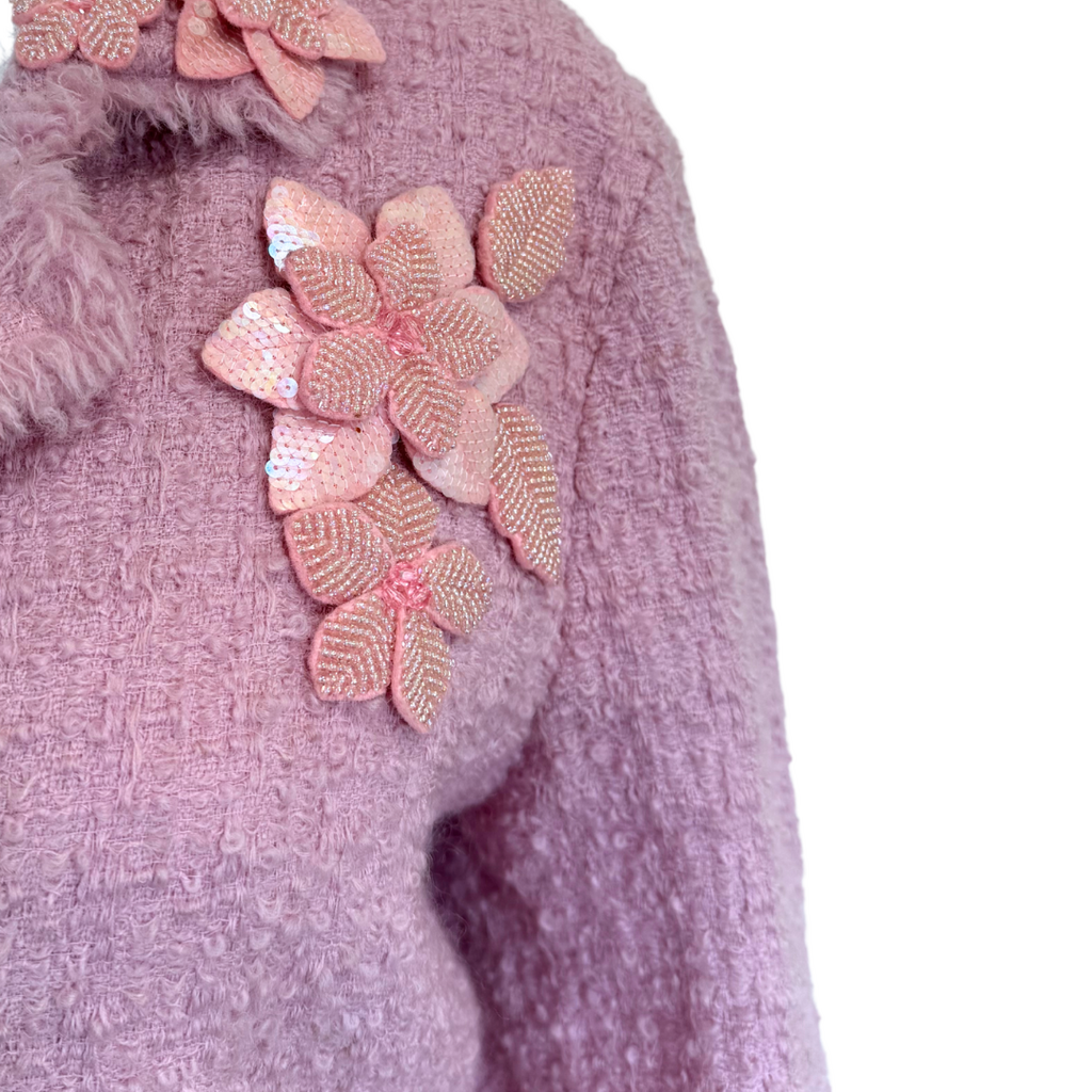 Moschino 2000s Wool Blend Tweed Beaded Flower Jacket / Skirt SET, 14