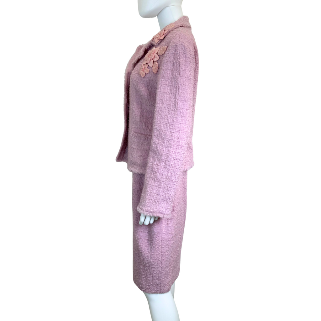 Moschino 2000s Wool Blend Tweed Beaded Flower Jacket / Skirt SET, 14