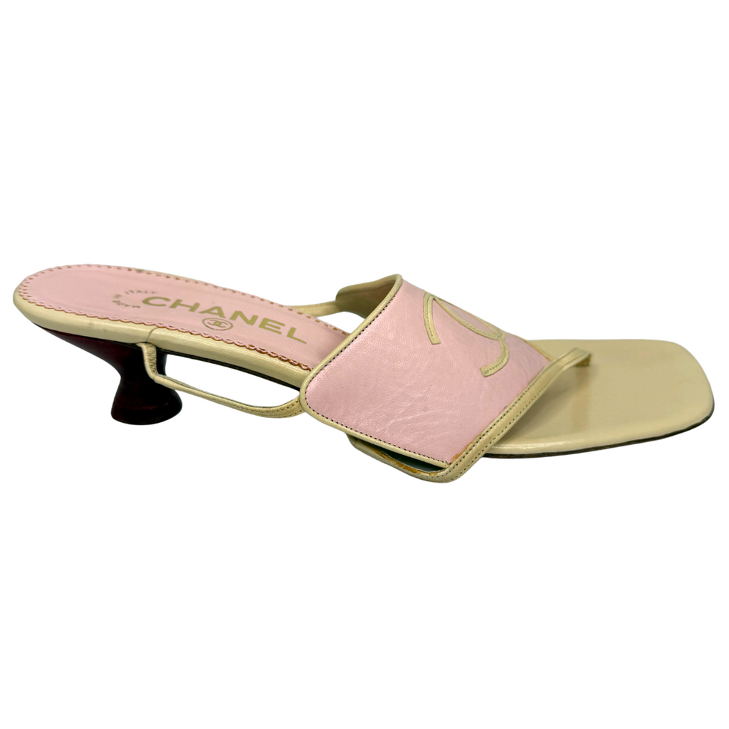 Chanel Pink CC Square Toe Kitten Heel Flip Flops, 37.5
