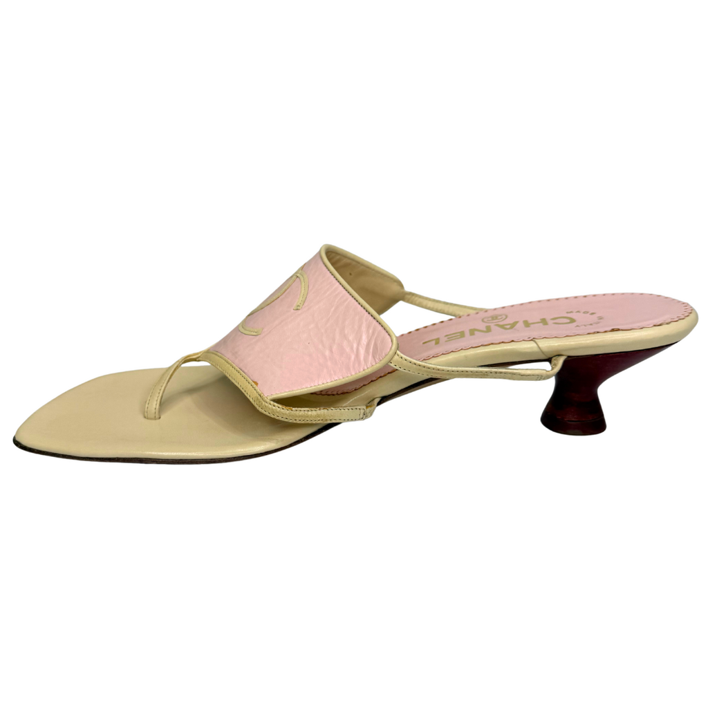Chanel Pink CC Square Toe Kitten Heel Flip Flops, 37.5