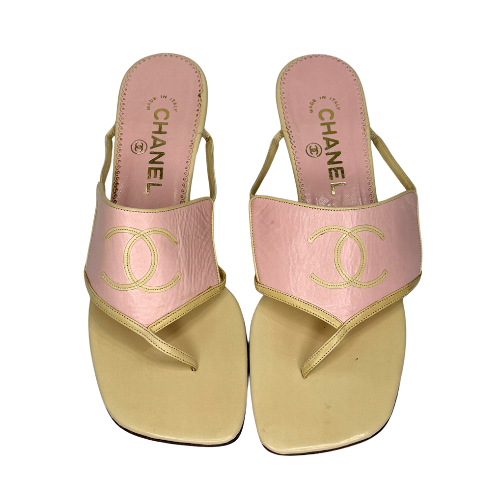 Chanel Pink CC Square Toe Kitten Heel Flip Flops, 37.5