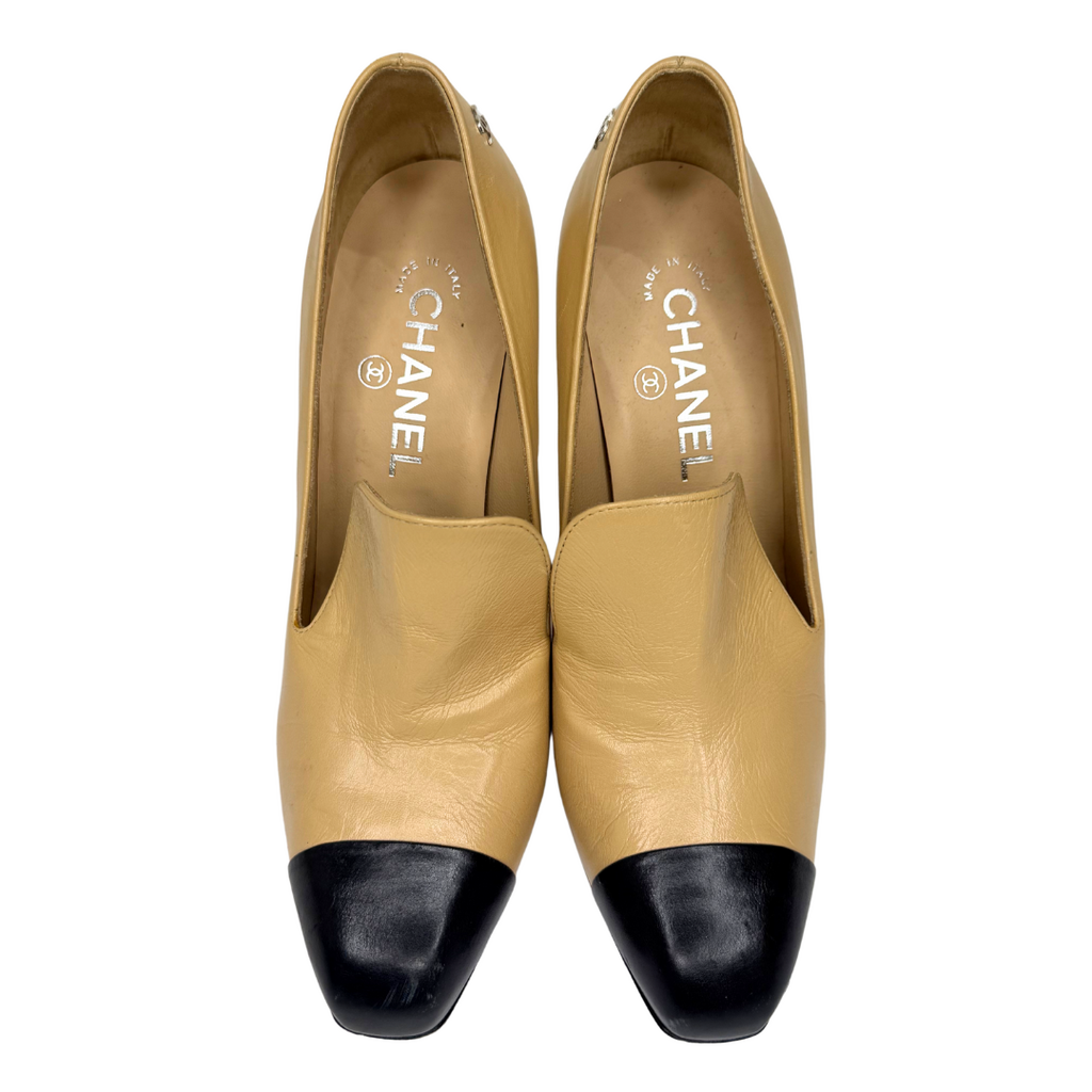 Chanel Two-Tone Leather Silver CC Detail Heel, SZ 38.5