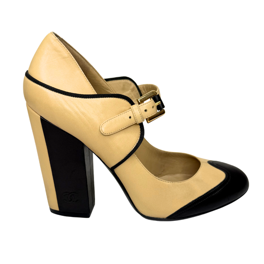 Chanel Two-Tone Leather CC Detail Block Heel, 38