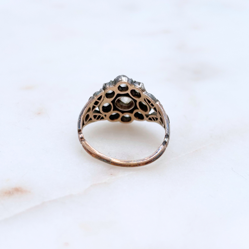 Antique Old European Cut Diamond Cluster Silver-Topped Gold Ring