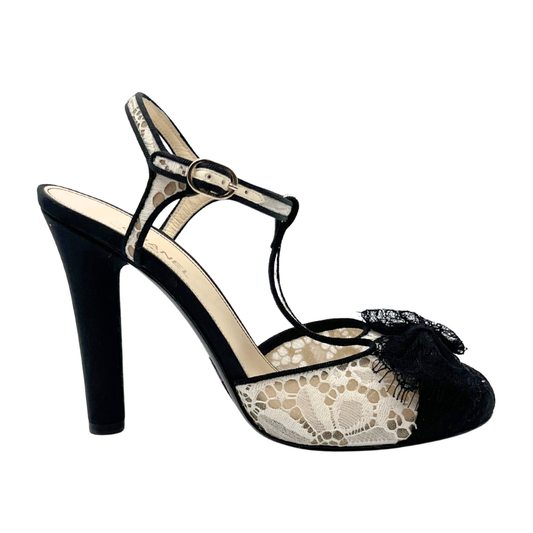 Chanel Black Cap Toe White Lace Heels, 38