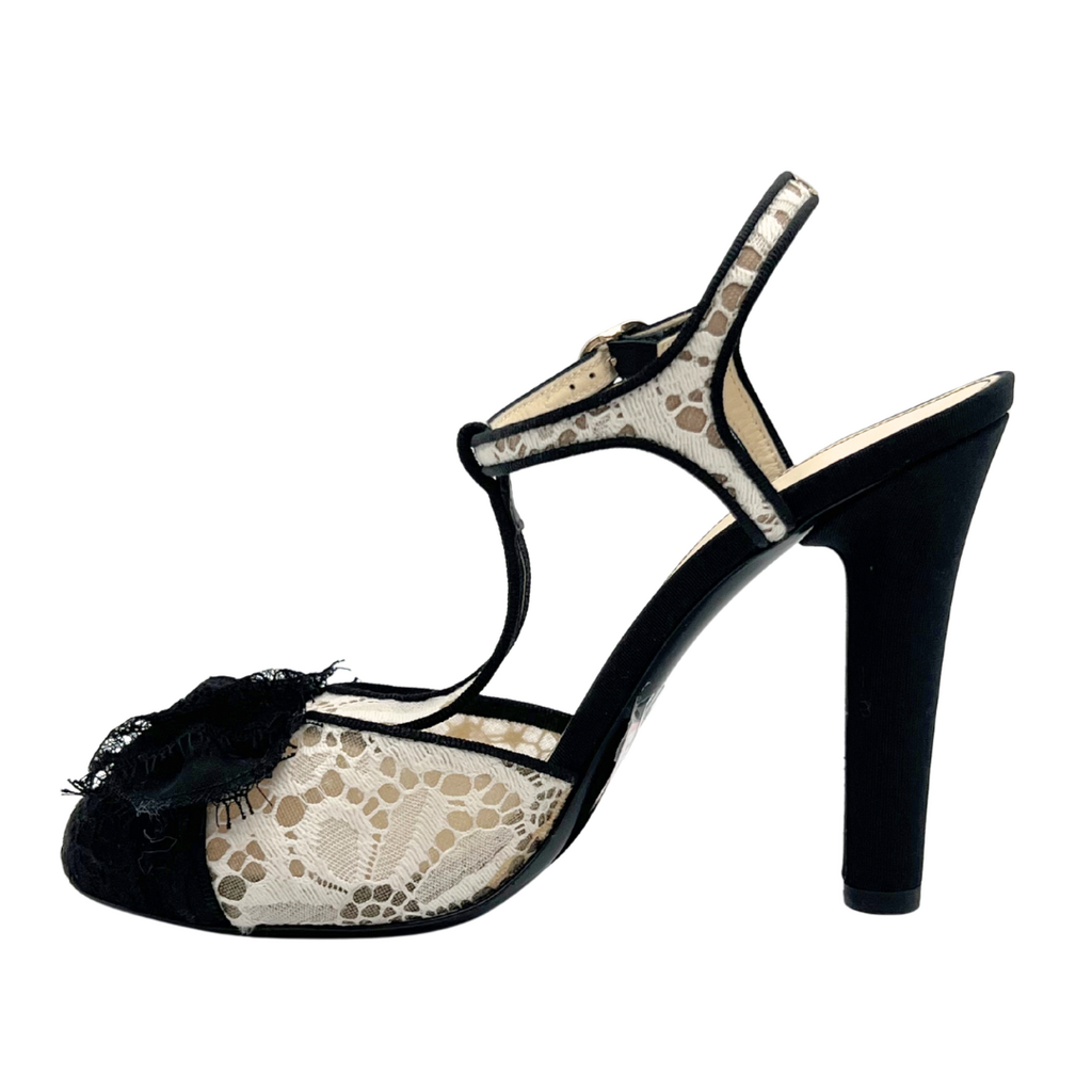 Chanel Black Cap Toe White Lace Heels, 38