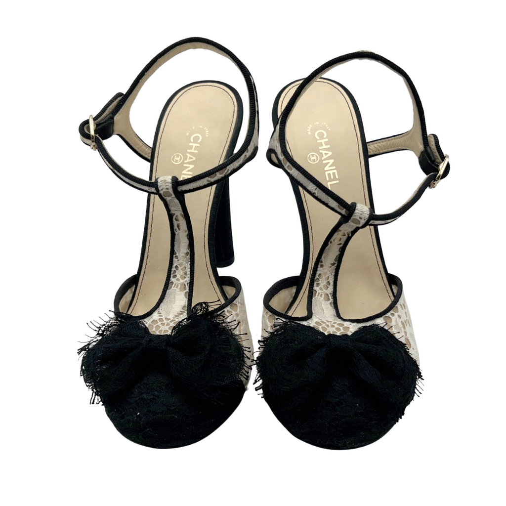 Chanel Black Cap Toe White Lace Heels, 38