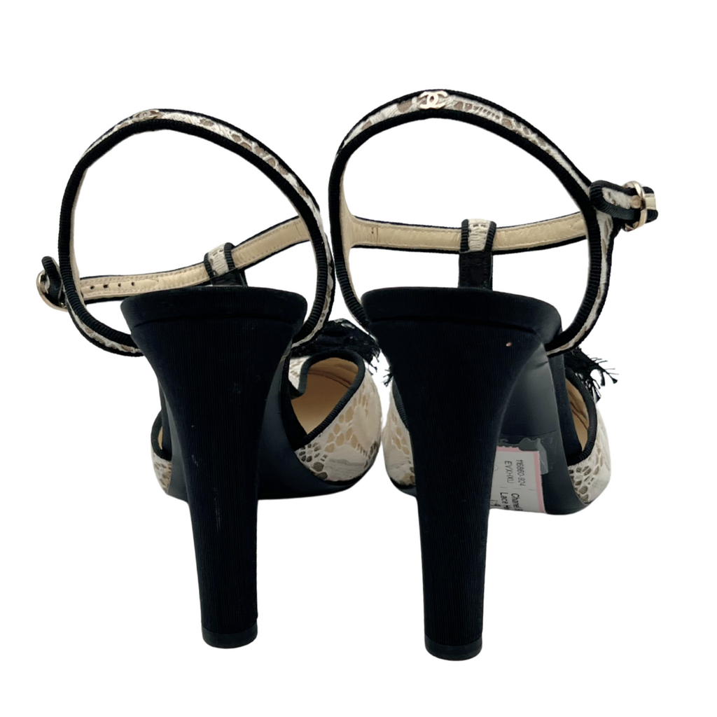 Chanel Black Cap Toe White Lace Heels, 38