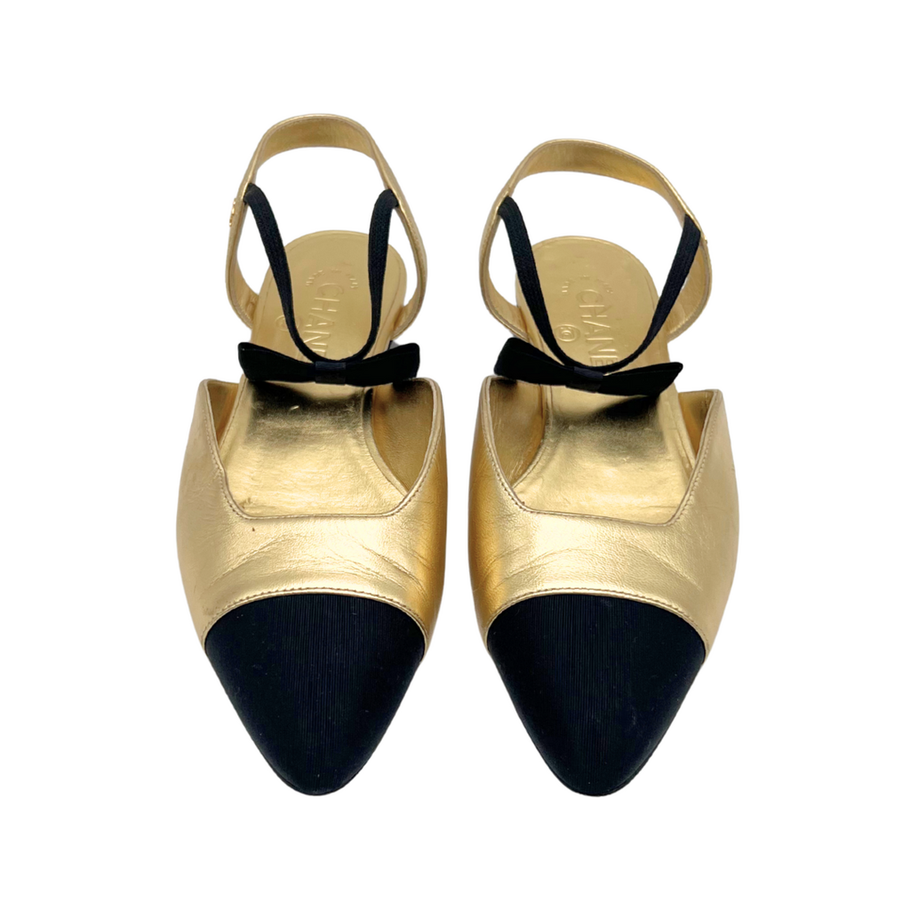 Chanel Gold/Black Cap Toe Slingback Flats, 38