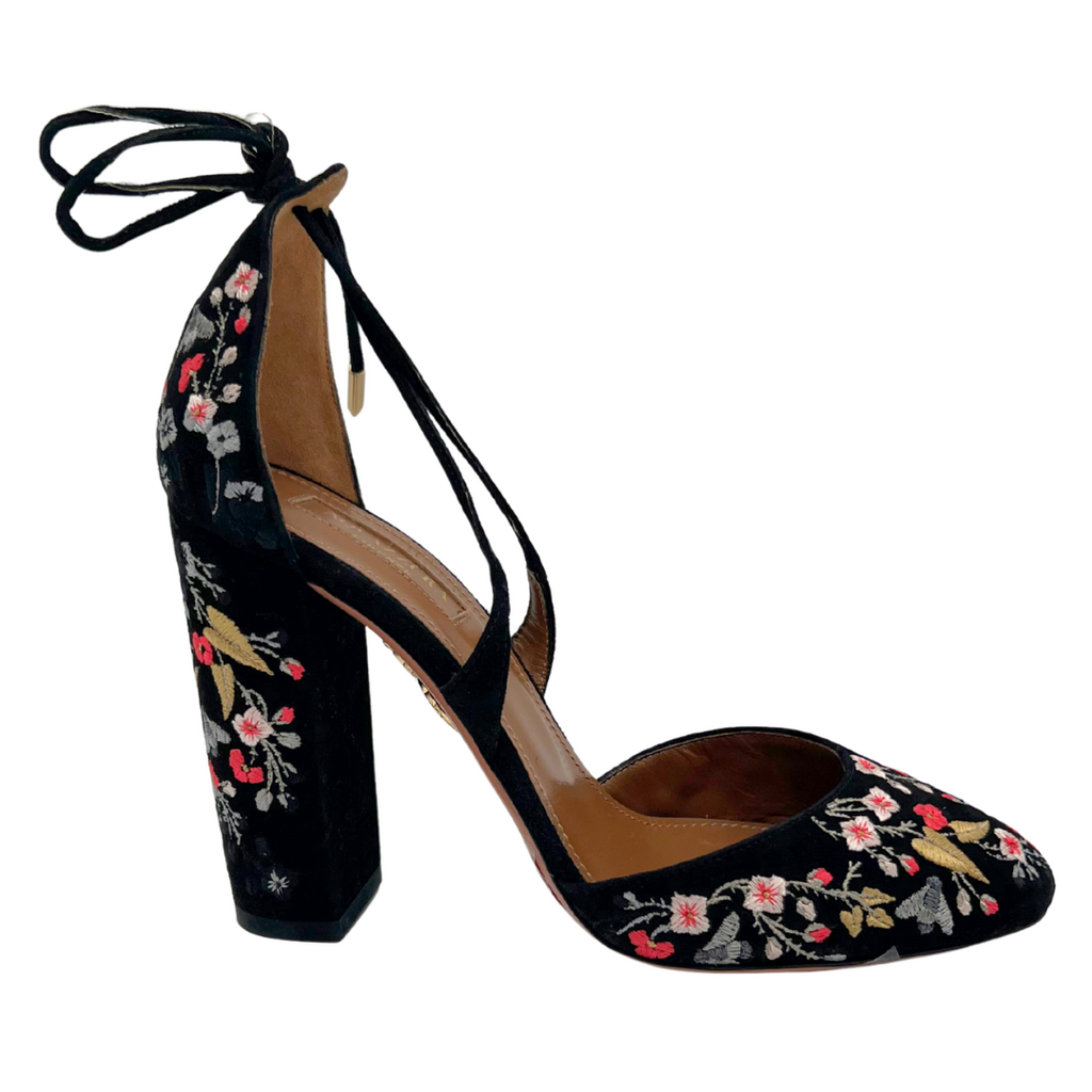 Aquazzura Black Floral Embroidered Block Heels, 37.5