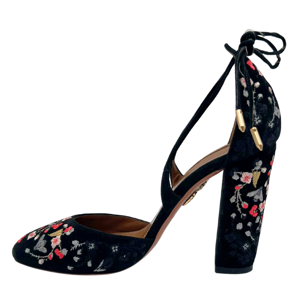 Aquazzura Black Floral Embroidered Block Heels, 37.5