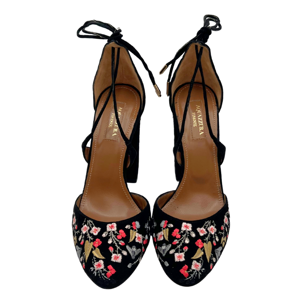 Aquazzura Black Floral Embroidered Block Heels, 37.5