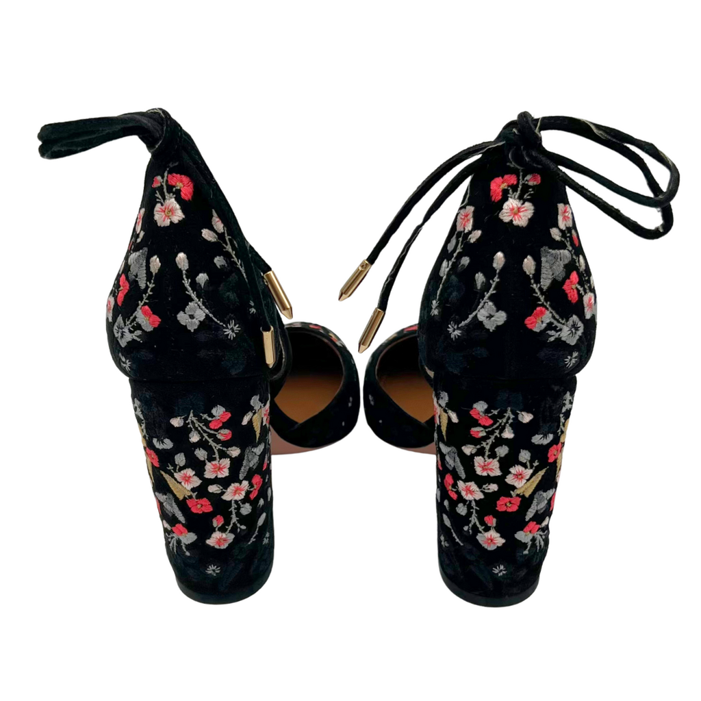 Aquazzura Black Floral Embroidered Block Heels, 37.5