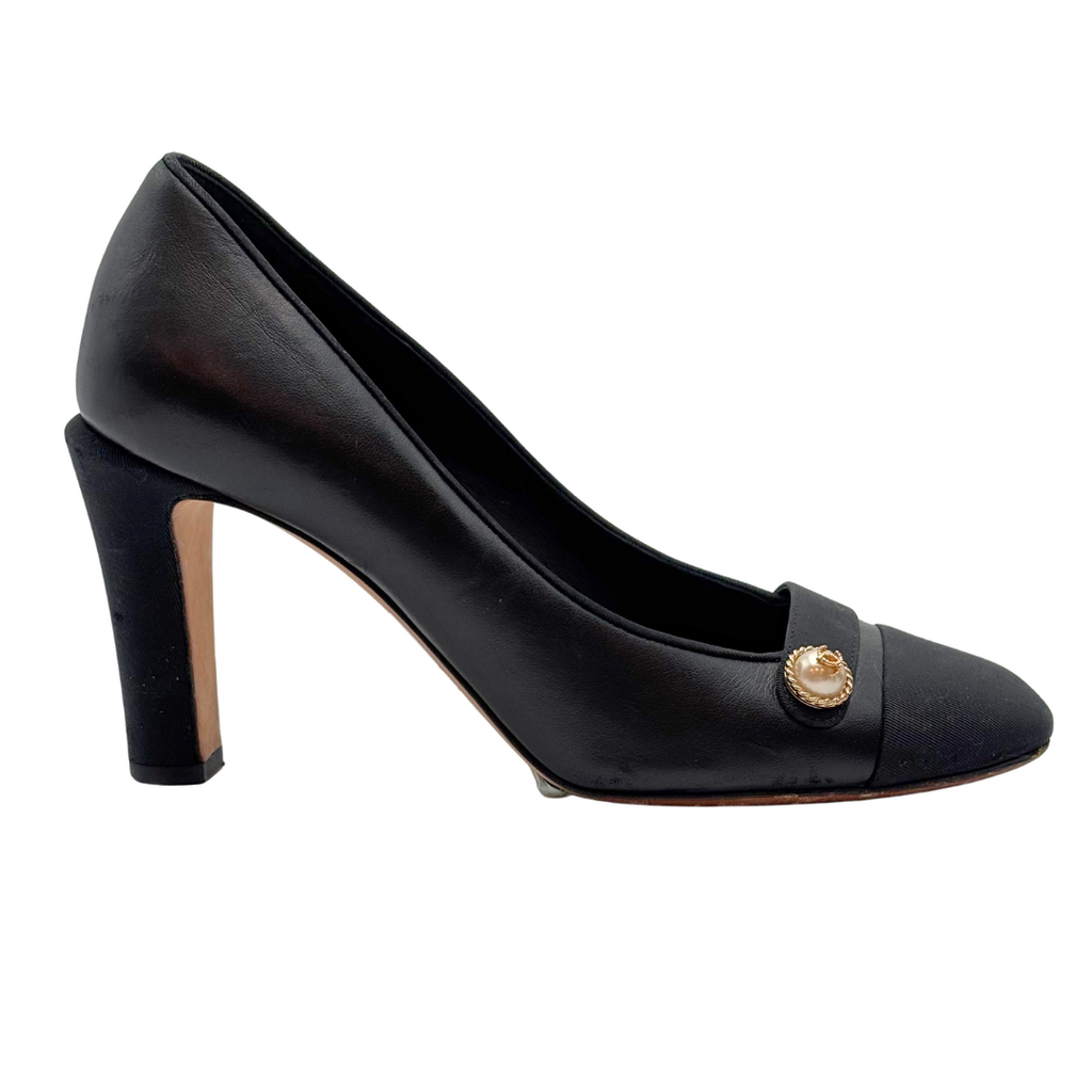 Chanel Black Leather And Satin CC Pearl Pump, 36.5