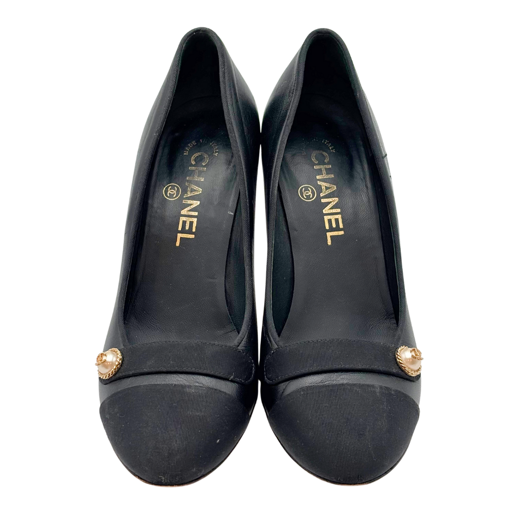 Chanel Black Leather And Satin CC Pearl Pump, 36.5
