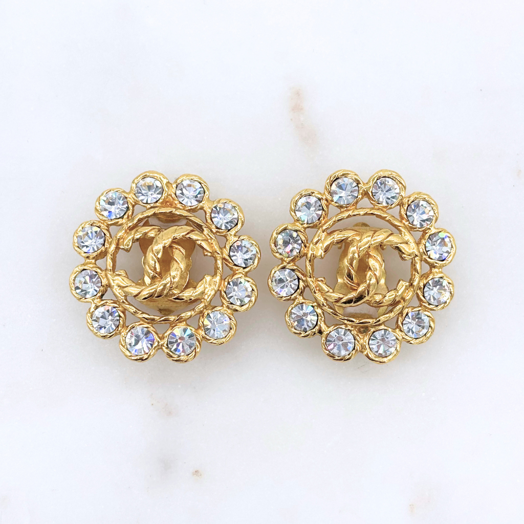Chanel 1994 Gold Tone Rhinestone Clip On Earrings