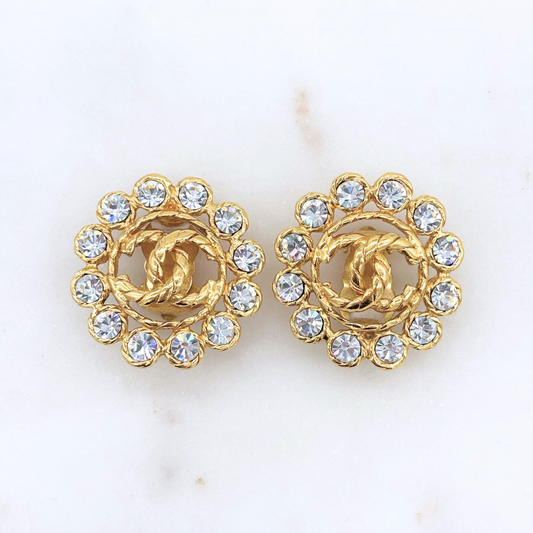 Chanel 1994 Gold Tone Rhinestone Clip On Earrings