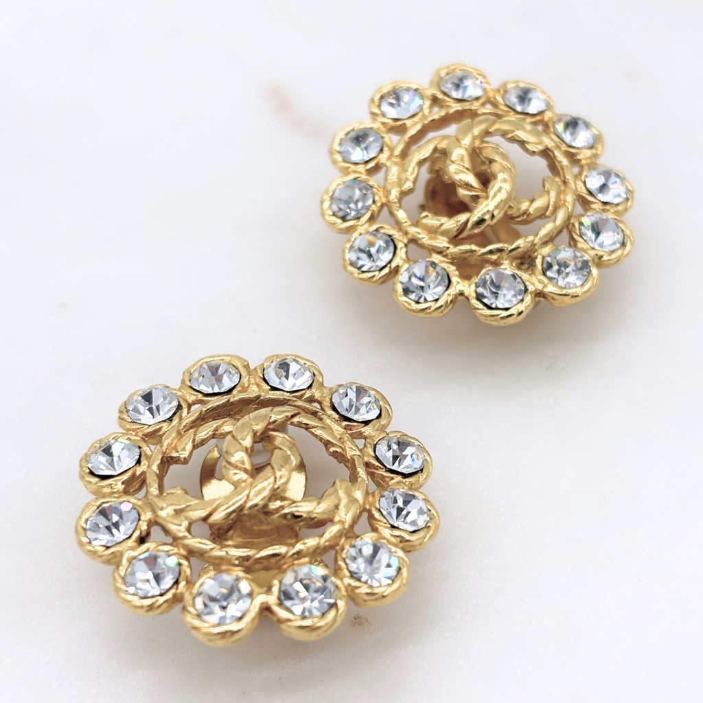 Chanel 1994 Gold Tone Rhinestone Clip On Earrings