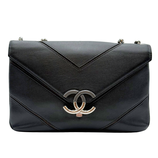 Chanel Black Caviar Chevron Envelope Silver HW Flap Bag